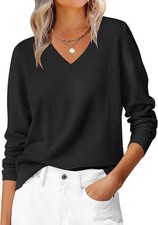 Womens V Neck Long Sleeve Sweater Soft Knit Casual Loose Fit Pullover Tops picture