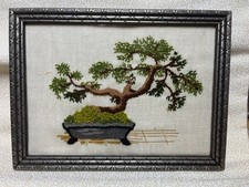 Vintage Jiffy Stitchery Bonsai Tree Finished Crewel Embroidery wood Framed 6X8 picture