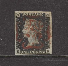 SG2 1840 1d black Stamp, KB, plate 6, 4 good margins, GB, QV, Red Maltese Cross picture