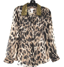 CHICO'S Sheer Chiffon BROWN LEOPARD Button-Up SEQUIN COLLAR Blouse/Top Sz 1-US/M picture