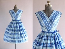 Vintage 1950s California Cottons Blue Rose Print Dress w/ Waist Tie S picture