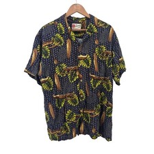 Hilo Hattie Hawaiian Shirt Mens L Black Tropical Leaf Canoe Rayon Aloha Shirt picture