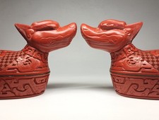 2 Antique Chinese Red Cinnabar Lacquer Dragon Oval Boxes | Qing or 20th Century picture