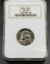 1951 P 25C Washington Quarter Coin NGC MS67 GEM BU OFH Old Fat Holder Neat toner picture