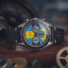 CILOA Men's Racing Chronograph Watch Blue & Yellow Dial Leather Strap Tachymeter picture