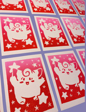 ACEO/ ATC original artist trading cards hand printed linocut Pokemon Clefairy picture