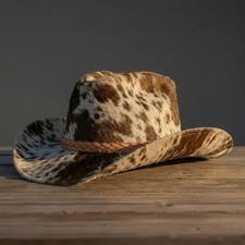 Brown White Hair-On Cowhide Cowboy Hat with Braided Leather Band Western Unisex picture