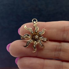 Antique 10K Gold Diamond Seed Pearl Starburst Brooch Pendant Victorian Edwardian picture