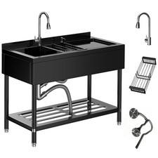 47.5x24 Freestanding Utility Sink Double Bowl 304 SS w/ Pull-Out Faucet Shelf picture