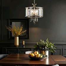 Crystal & Seeded Glass Drum Hardwired Chandelier, Antique  Silver picture