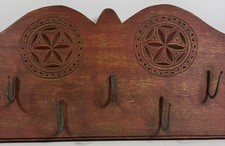Primitive Folk Art Fowl Rack Game Board Wood Wall Rack Hand Forged Hook Red 36” picture