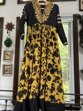 Indian Anarkali Gown Black Yellow Floral Maxi Dress Gold Embroidery M Est picture