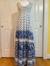 Angie Blue & White Tropical Floral Smocked Tiered Boho Maxi Dress Size Small picture