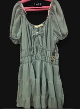 ibert+love Women's Green Smocked V-Neck Puff Sleeve A-Line Midi Dress XL picture