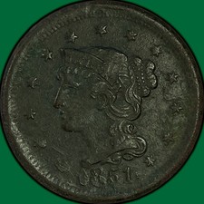 1851 Braided Hair Large Cent Almost Uncirculated AU Coin, Corrosion #48064 picture