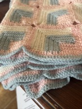 Vintage Pastel Hand Crochet Knit Baby Blanket Throw Afghan Pink Blue White 28x30 picture