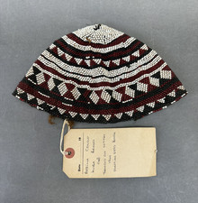 SMALL ANTIQUE AFRICAN TRIBAL ART BEAD WORK BEADED BEADS HAT CAP W OLD LABEL RARE picture