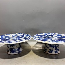 A pair of ancient Chinese Qing Dynasty blue and white dragon high-footed plates picture
