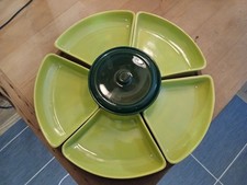 Vtg MCM Ceramic Lazy Susan Serving Set Chartreuse Forest Green Wood Base picture
