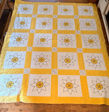 STUNNING 1920s Antique yellow and white hand-quilted and embroidered cotton picture