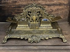 Antique French Brass Double Inkwell Desk Set Victorian Rococo D.L. Déposé No. 28 picture
