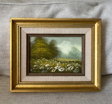 Vtg Original Framed Oil Painting W. Lovell Daisy Meadow Landscape 10.5