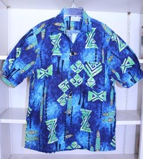 Vintage Tohki Hawaii Honolulu Blue Tribal Hawaiian Shirt Cotton Large Men picture
