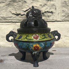 Antique Chinese Cloisonne Enamel Tripod Censer Incense Burner Xuande Mark Qing picture