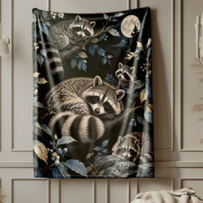 Raccoons Moonlit Forest Berries Coral Fleece Blanket picture