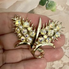 Vintage AB Rhinestone FLORAL BOUQUET Brooch Gold Tone Mid Century 2