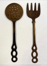 Vintage Brass Food Utensil Large Fork Spoon Skimmer Kitchen Decor 2 Pc Set picture