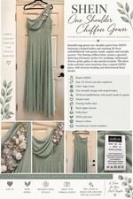 Shein Sage Green One Shoulder Chiffon Floral Beaded Formal Gown Size 10 picture