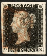 SG2 1840 1d black, plate 4, SK, has 4 large margins and fine red Maltese Cross picture