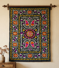 Vintage Suzani Embroidered Wall Hanging Tapestry Uzbek Floral Boho Decor Large picture