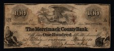 SCARCE $100 1854 The Merrimack County Bank, Concord, NH VF Broken Banknote picture
