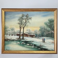 Original Basini Oil Painting - Signed 19thC Winter Scene Custom Framed 16x20 picture