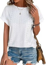 Womens Eyelet Embroidery Top Short Sleeve Curved Hem Loose Fit Summer T Shirt picture