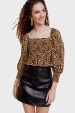 NEW Francesca's M Top Womens Brown Black Animal Smocked Boho Hippie Cottage Mod picture