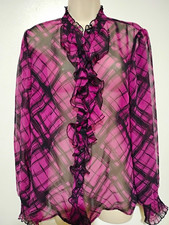 Dialogue Women’s Purple/Black Plaid Chiffon Sheer Ruffle Button Blouse S picture