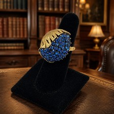 1950s–1970s Signed Vendome Gold Tone Blue Rhinestone Adjustable Cocktail Ring 16 picture
