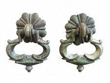 Antique French Brass Drawer Pulls Pair Ornate Rosette Drop Bail Hardware picture