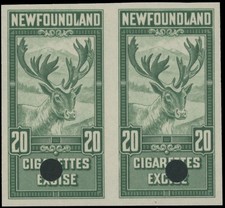1940 NEWFOUNDLAND 20 CIGARETTES EXCISE, IMPERF PAIR W/SECURITY PUNCH, NSSC#TB45c picture
