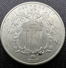 1867 NO RAYS Shield Nickel AU++ Details Choice Scarce US 5c, Cleaned picture