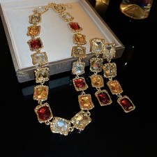Gold Plated Alloy Necklace Multi Color Simulated Gemstone  Collar Earring Set picture