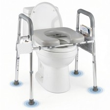 Raised Toilet Seat w/Handles Padded Arms Adjustable Height & Width Storage Bag picture