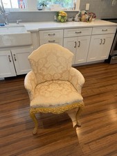 Vintage French Louis XV Style Bergere Armchair Carved Wood Damask Upholstery picture
