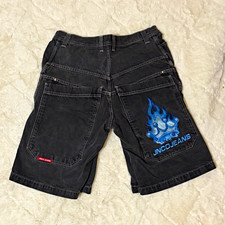 JNCO Jeans Men's vintage 90’s Blue flame embroidered black denim Jorts. picture