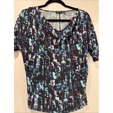 Apt. 9 Cowl Neck Top Womens Large Multi Color Preowned Abstract Short Sleeve picture