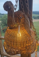 VTG MCM Wicker Rattan Elephant Head w/Tusks Hanging Lamp Light VERY RARE Boho picture