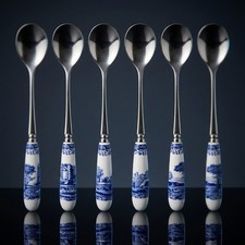 RARE SPODE BLUE ITALIAN TEASPOONS SET 6 PREMIUM DESIGNER PORCELAIN STAINLESS picture